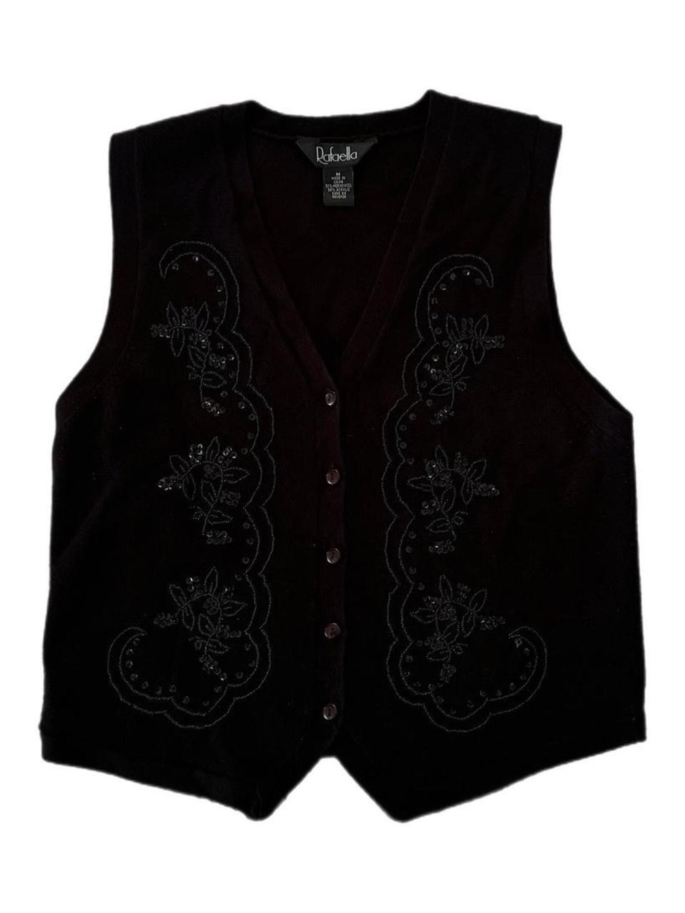 Vintage Rafaella Merino Wool Blend Black Embroidered Sequin V-Neck Sweater Vest